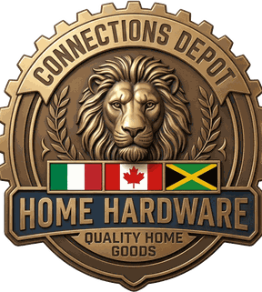 Connections Depot lion crest emblem with shield, flags, and 'Quality Home Goods' banner