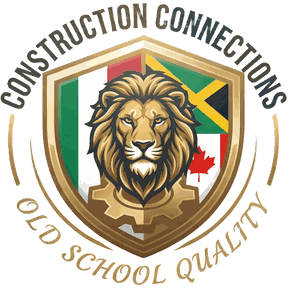 Construction Connections crest: a lion inside a shield with Italian, Canadian, and Jamaican flags, arched company name above and 'Old School Quality' below