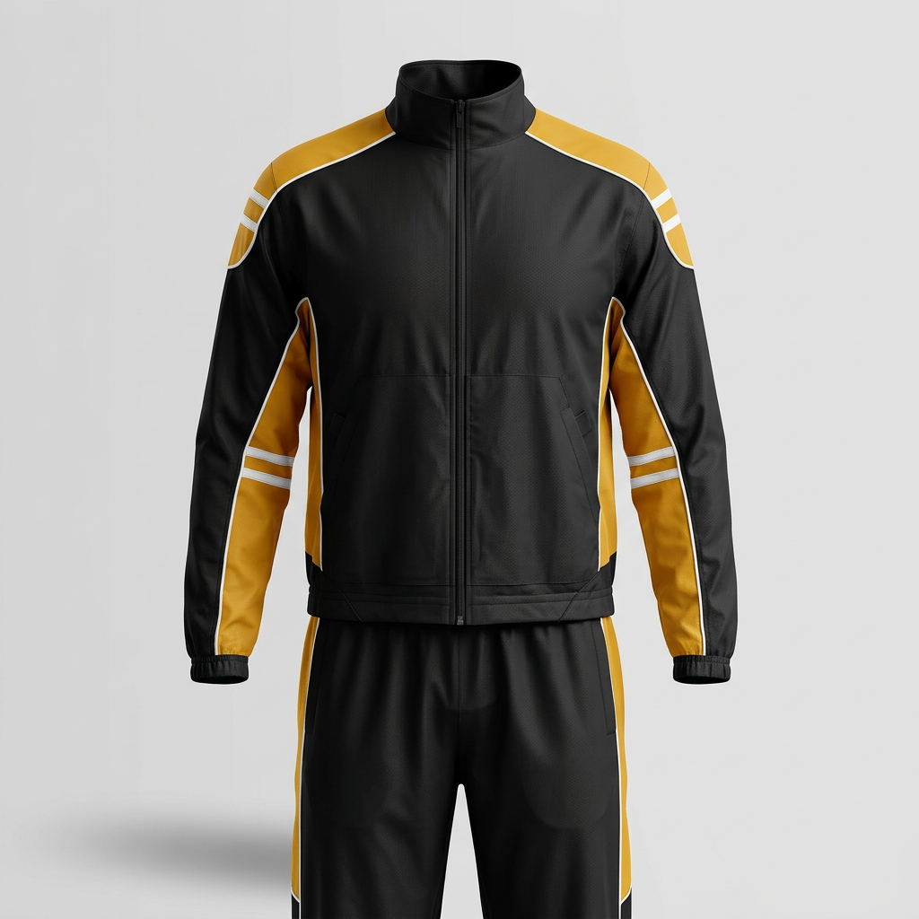 Black & Yellow Two-Piece Tracksuit (Men's & women's S–XXL · kids' 4–16 · jacket and pants · black/yellow) — Clothing product photo