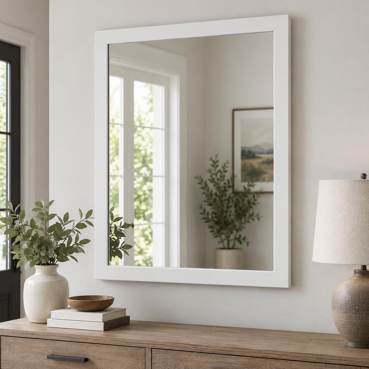 Simpli Home Decor Mirror (White frame · rectangular · wall mount) — Furniture product photo